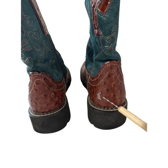 Ariat Fatbaby Ostrich Print Western Boots 9.5 B Brown & Teal Leather - Picture 13 of 13
